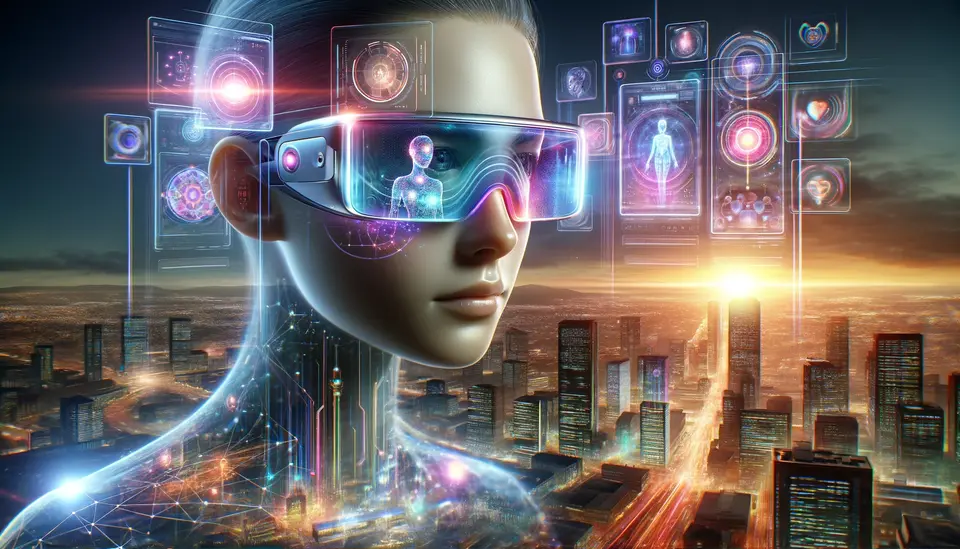 Futuristic scene with an individual wearing advanced smart glasses featuring SORA technology for AI-driven video generation. The glasses, sleek and modern, display a holographic interface with avatars, digital art, and personalized environments, seamlessly integrating with the wearer's vision. The backdrop is a vibrant cityscape at dusk, merging digital and physical realities with glowing digital overlays on buildings, symbolizing an augmented reality future. This image reflects the revolution of smart glasses in technology interaction, blurring lines between virtual and real, and redefining identity and self-expression. The atmosphere is futuristic yet accessible, showcasing the endless possibilities of such technology.
